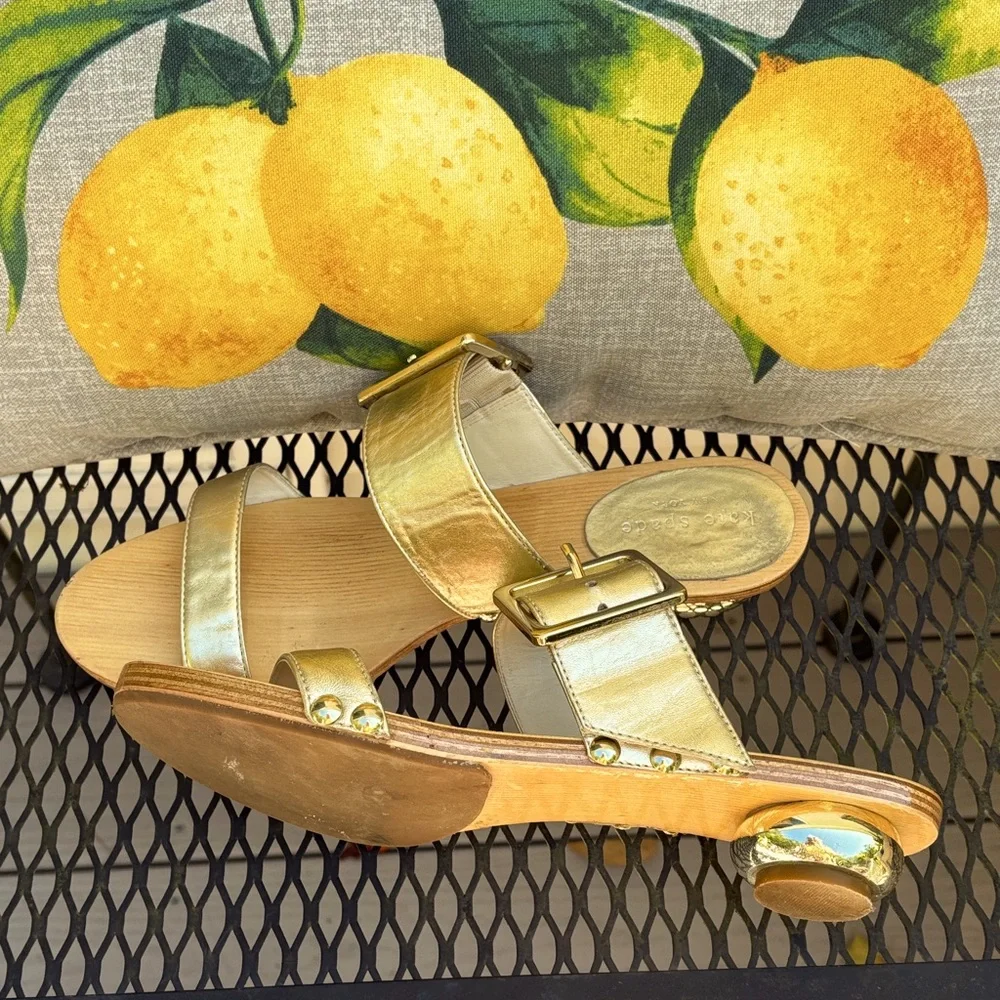 Kate Spade gold double adjustable buckles strap wooden round heel Sandals